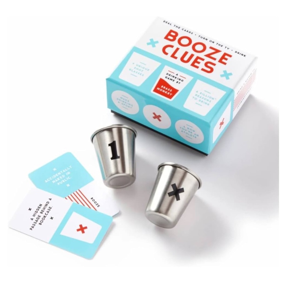 Brass Monkey Booze Clues Drinking Game Set 100 Cards, 4 Stainless Shot Glasses